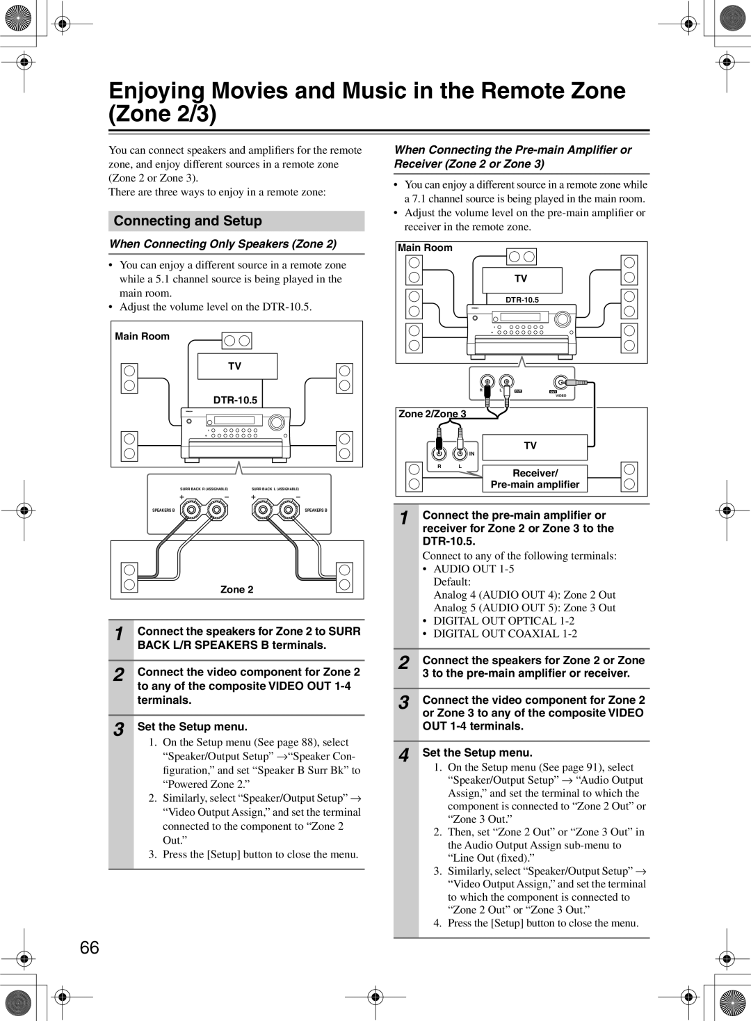 Integra DTR-10.5 instruction manual Enjoying Movies and Music in the Remote Zone Zone 2/3, Connecting and Setup 