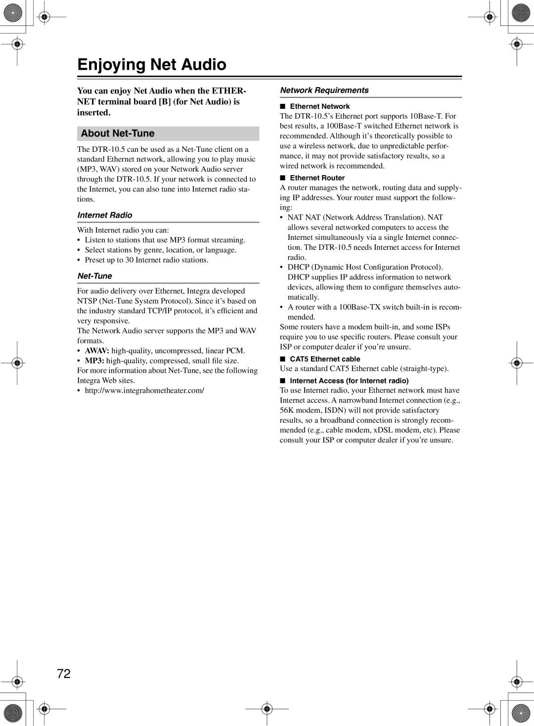 Integra DTR-10.5 instruction manual Enjoying Net Audio, About Net-Tune, Internet Radio, Network Requirements 