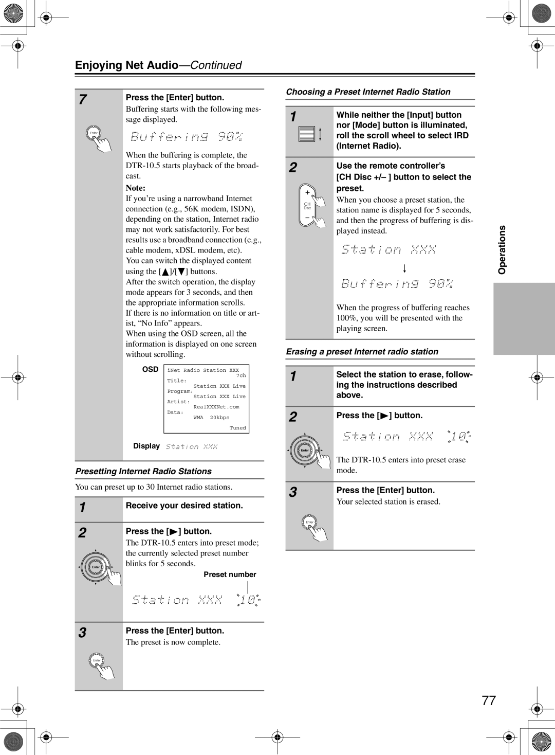 Integra DTR-10.5 instruction manual Choosing a Preset Internet Radio Station, Presetting Internet Radio Stations 