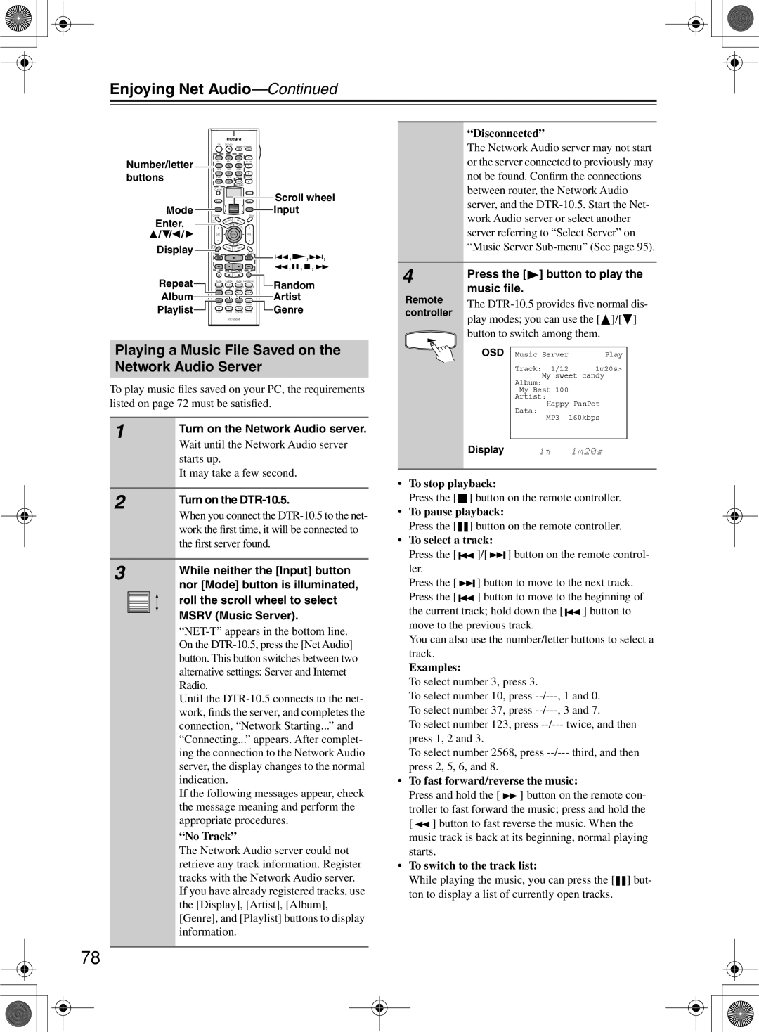 Integra DTR-10.5 instruction manual Playing a Music File Saved on the Network Audio Server 