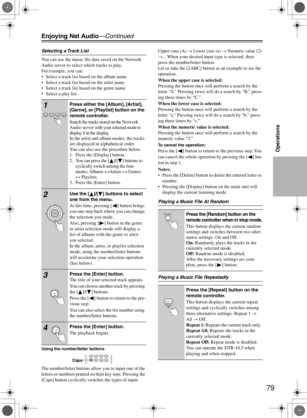 Integra DTR-10.5 instruction manual Selecting a Track List, Playing a Music File At Random, Playing a Music File Repeatedly 