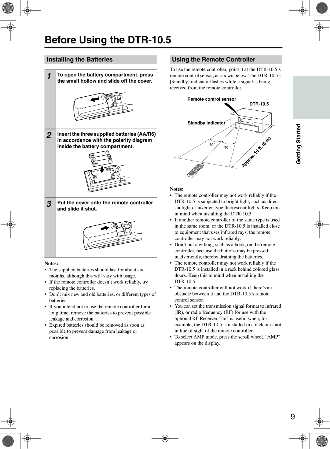 Integra instruction manual Before Using the DTR-10.5, Installing the Batteries, Using the Remote Controller 