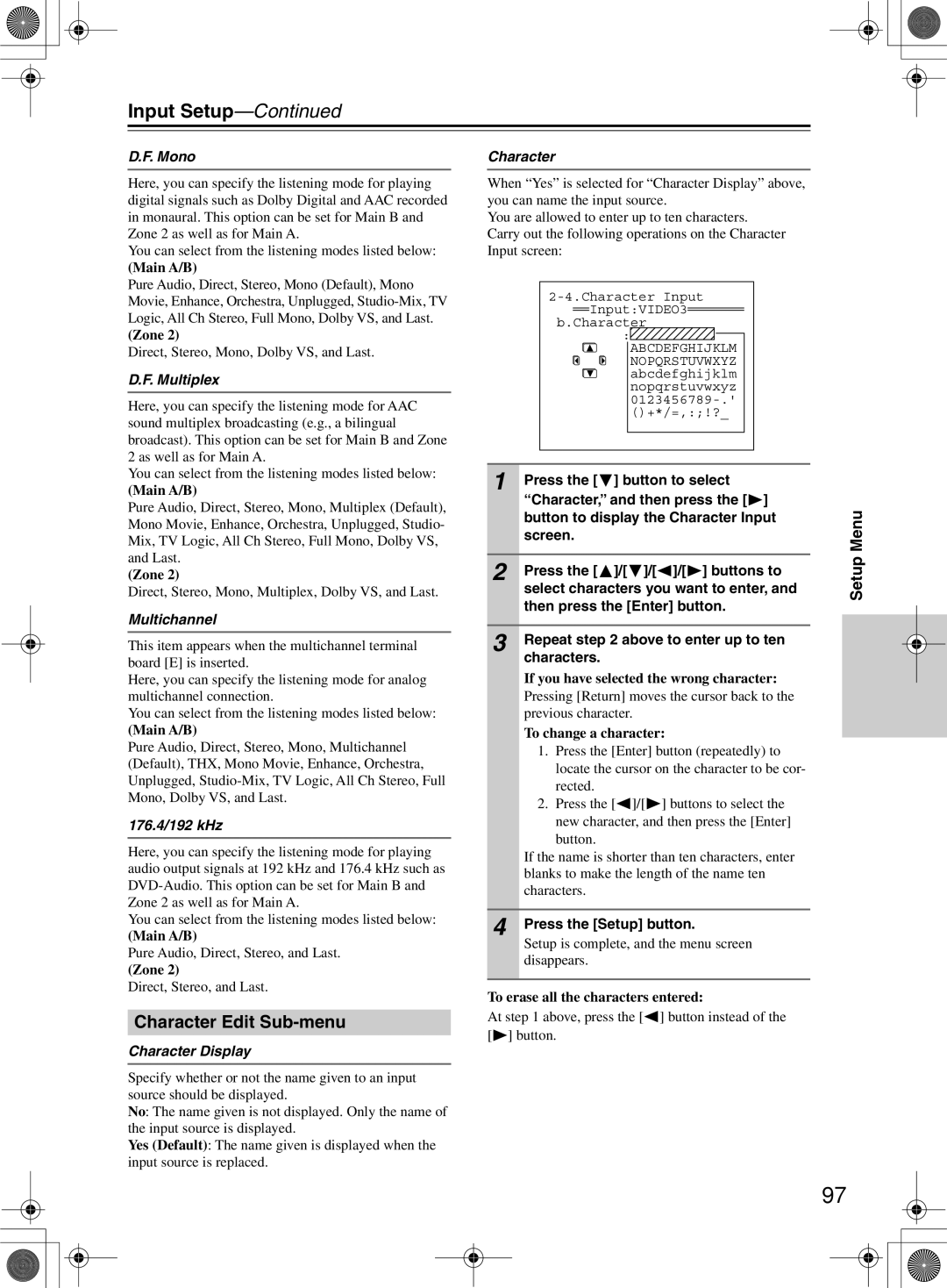 Integra DTR-10.5 instruction manual Character Edit Sub-menu 