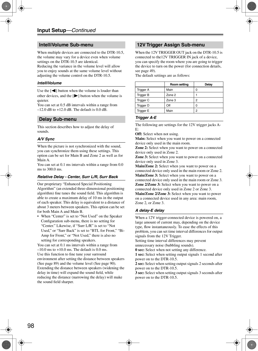 Integra DTR-10.5 instruction manual IntelliVolume Sub-menu 12V Trigger Assign Sub-menu, Delay Sub-menu 