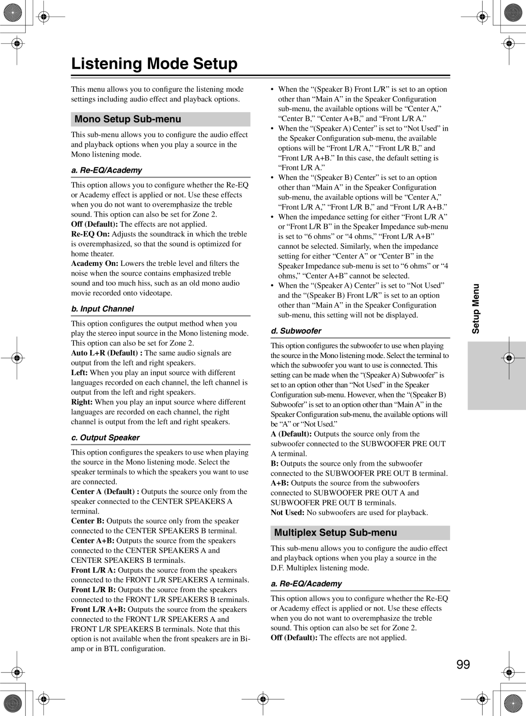 Integra DTR-10.5 instruction manual Listening Mode Setup, Mono Setup Sub-menu, Multiplex Setup Sub-menu 