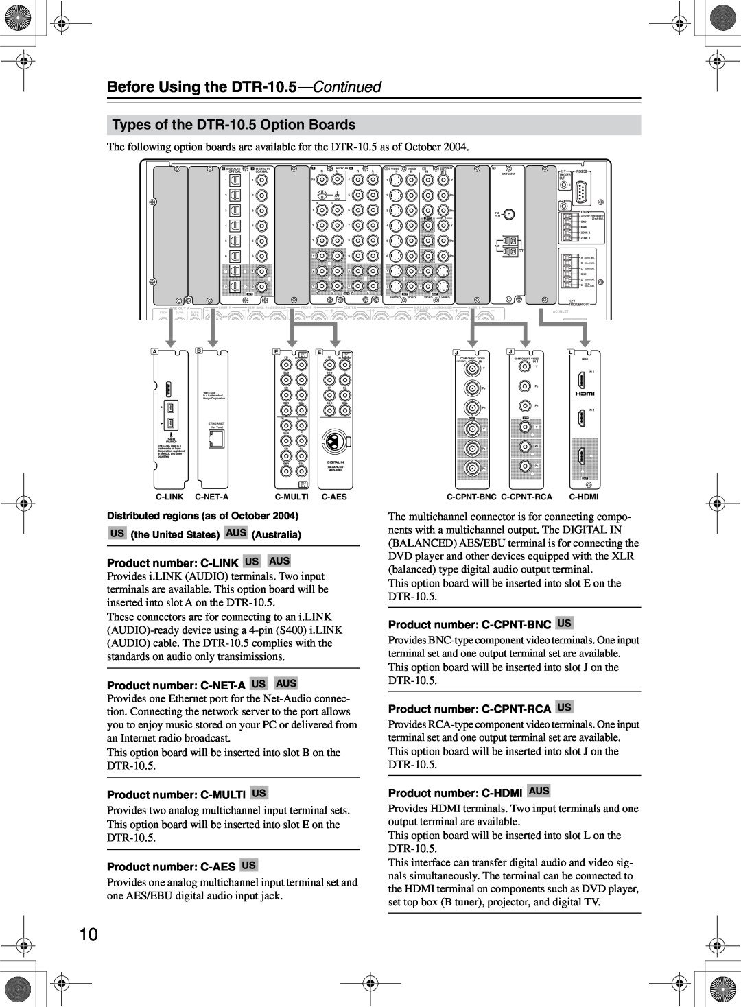 Integra instruction manual Before Using the DTR-10.5—Continued, Types of the DTR-10.5Option Boards 