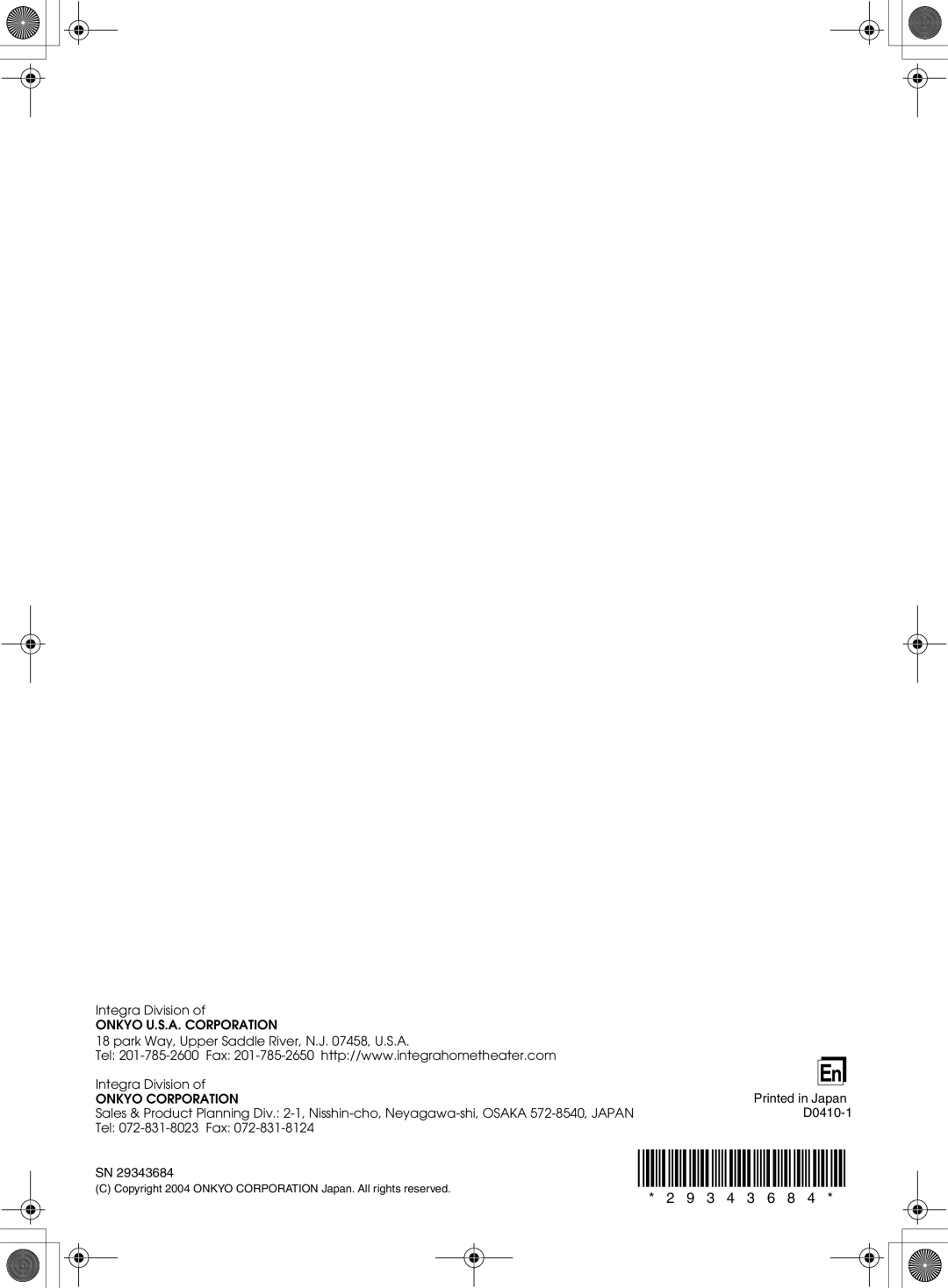 Integra DTR-10.5 instruction manual 2 9 3 4 3 6 8, Printed in Japan D0410-1 