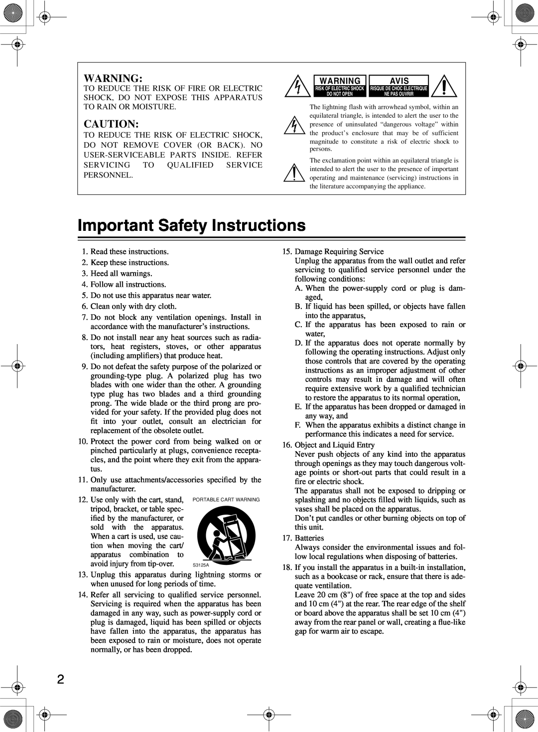 Integra DTR-10.5 instruction manual Important Safety Instructions, Avis 
