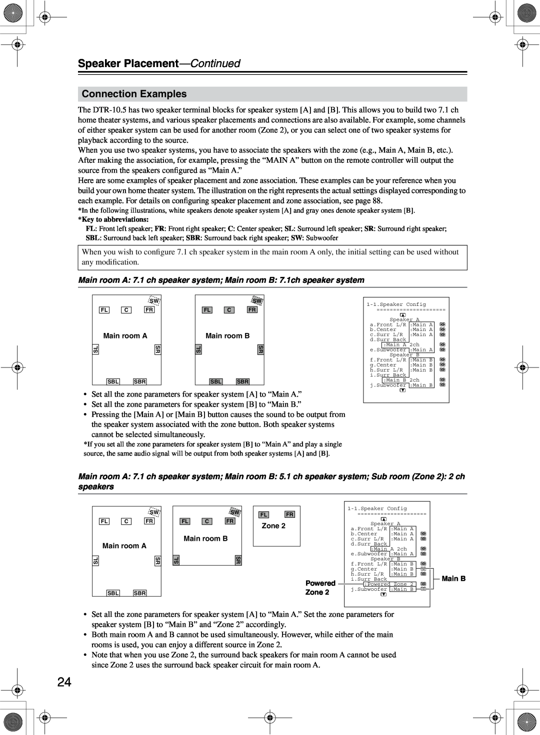 Integra DTR-10.5 instruction manual Connection Examples, Speaker Placement—Continued 