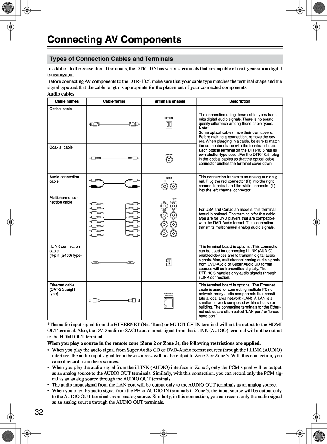 Integra DTR-10.5 instruction manual Connecting AV Components, Types of Connection Cables and Terminals, Audio cables 