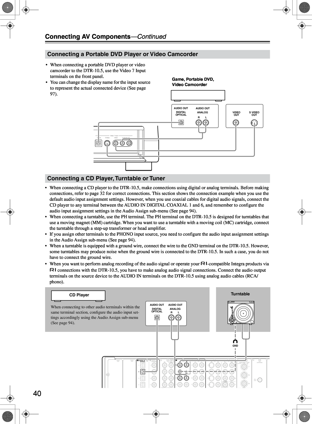 Integra DTR-10.5 instruction manual Connecting a CD Player, Turntable or Tuner, Connecting AV Components—Continued 