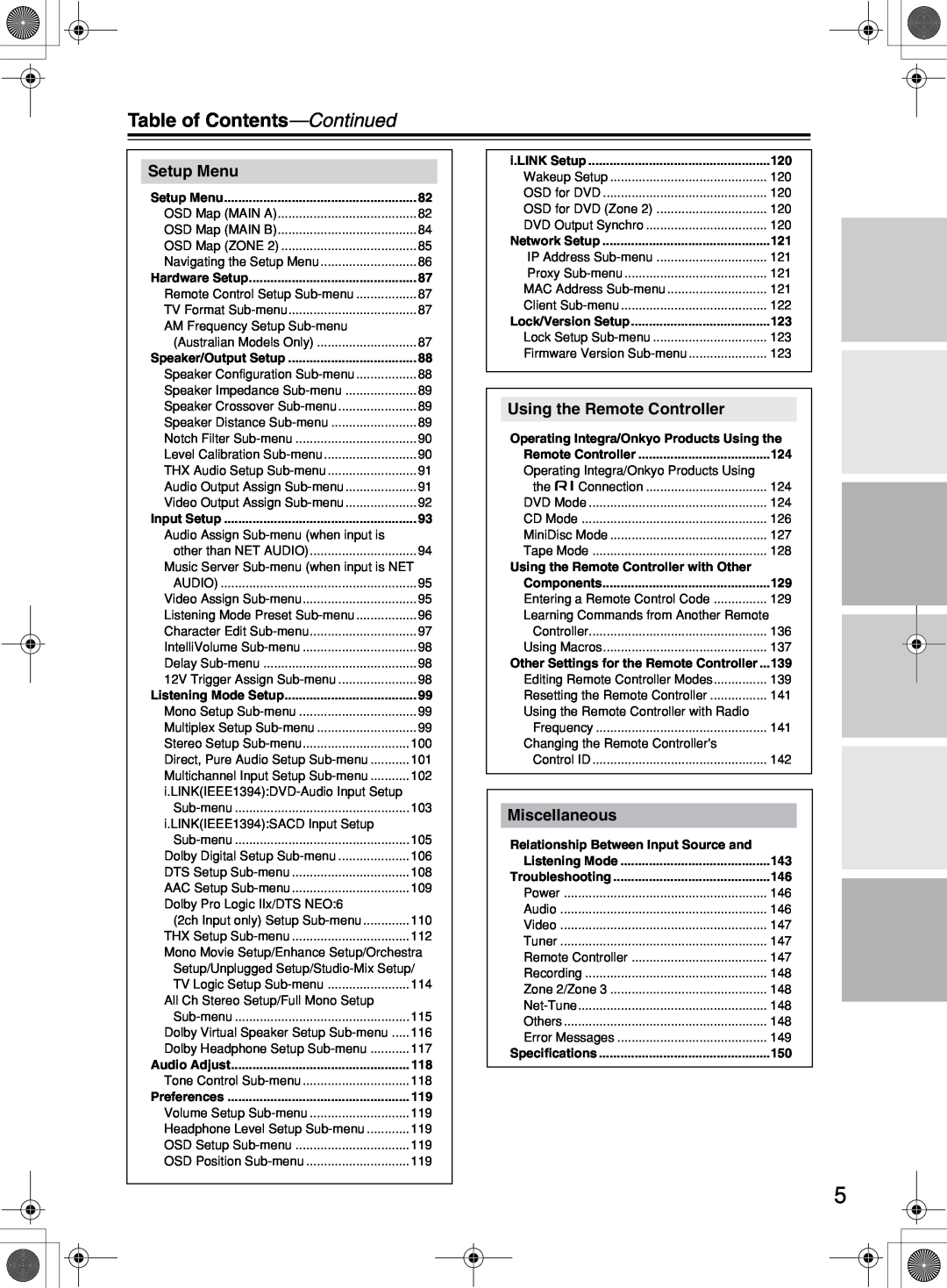 Integra DTR-10.5 instruction manual Table of Contents-Continued, Setup Menu, Using the Remote Controller, Miscellaneous 