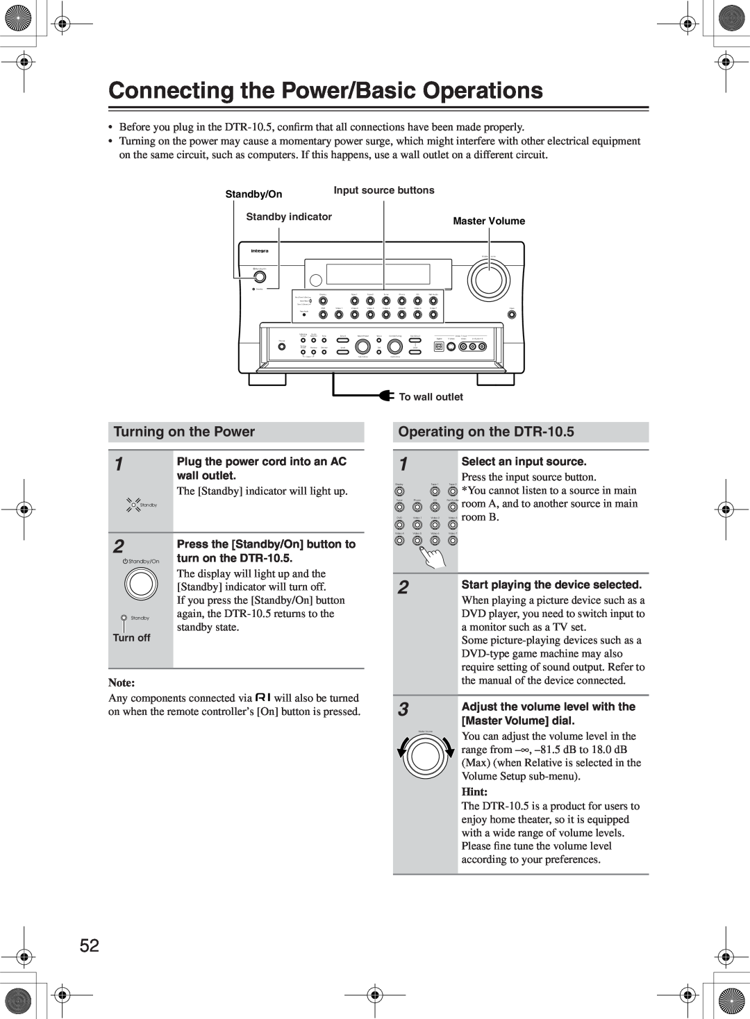 Integra instruction manual Connecting the Power/Basic Operations, Turning on the Power, Operating on the DTR-10.5, Hint 