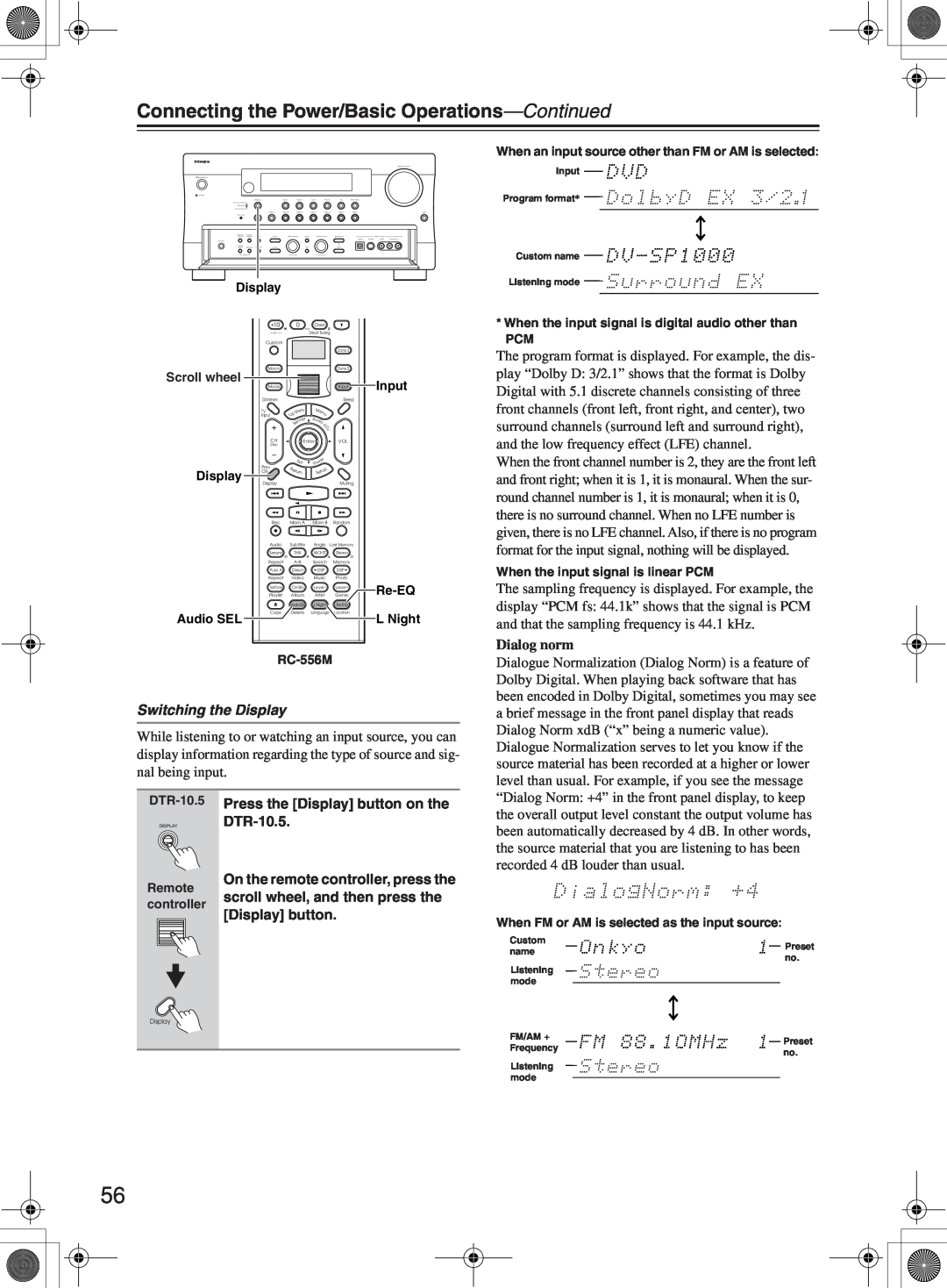 Integra DTR-10.5 instruction manual Switching the Display, Dialog norm, Connecting the Power/Basic Operations—Continued 