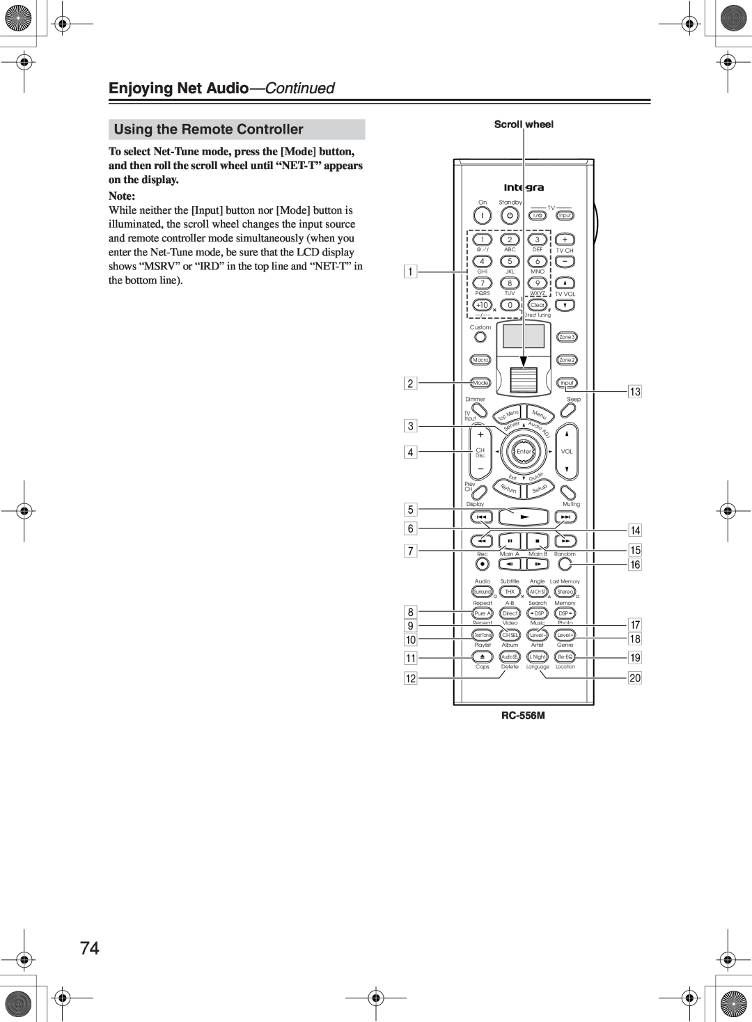 Integra DTR-10.5 instruction manual Enjoying Net Audio—Continued, Using the Remote Controller 