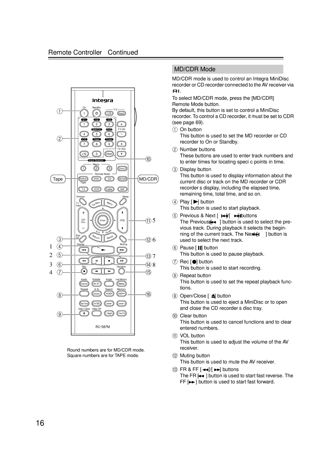 Integra DTR-4.5 instruction manual MD/CDR Mode 