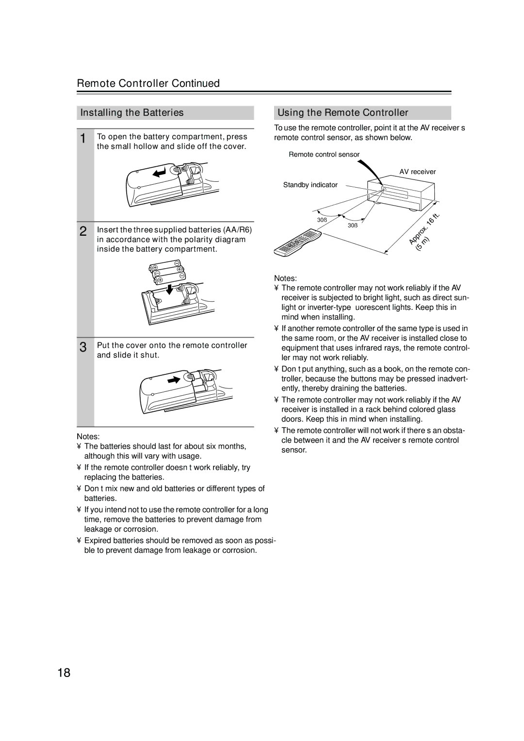 Integra DTR-4.5 instruction manual Installing the Batteries, Using the Remote Controller 