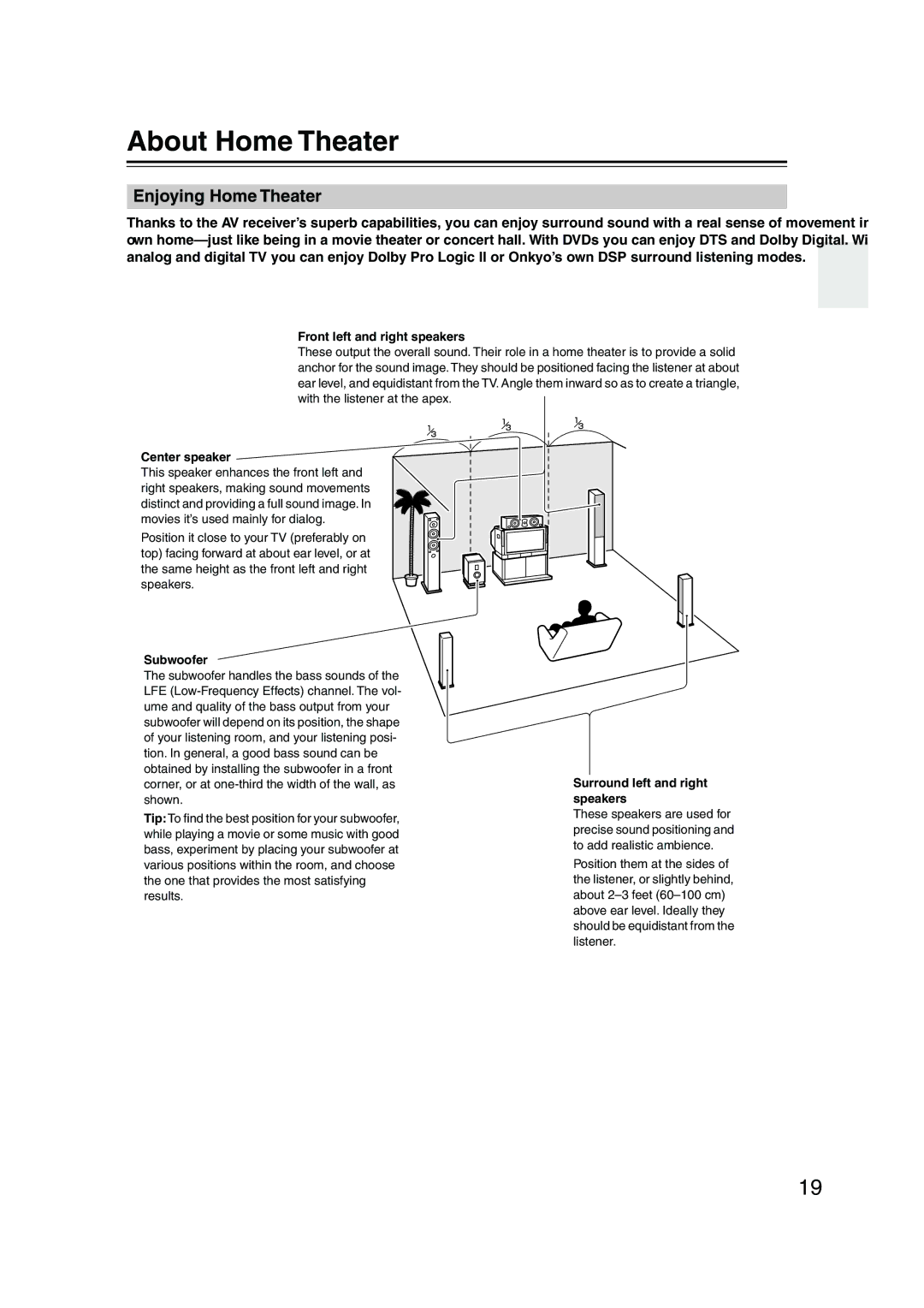 Integra DTR-4.5 instruction manual About Home Theater, Enjoying Home Theater 