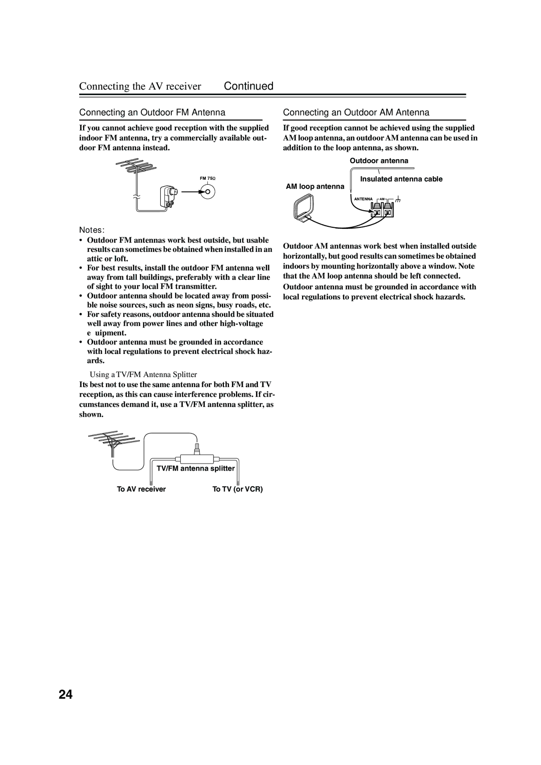 Integra DTR-4.5 Connecting an Outdoor FM Antenna, Connecting an Outdoor AM Antenna, Using a TV/FM Antenna Splitter 