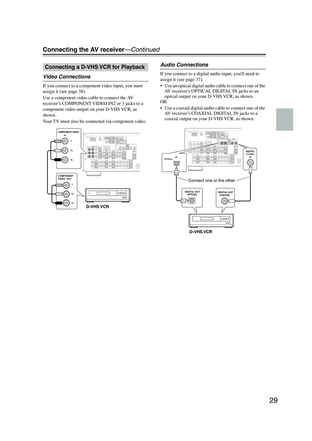 Integra DTR-4.5 instruction manual Connecting a D-VHS VCR for Playback, Component Video 