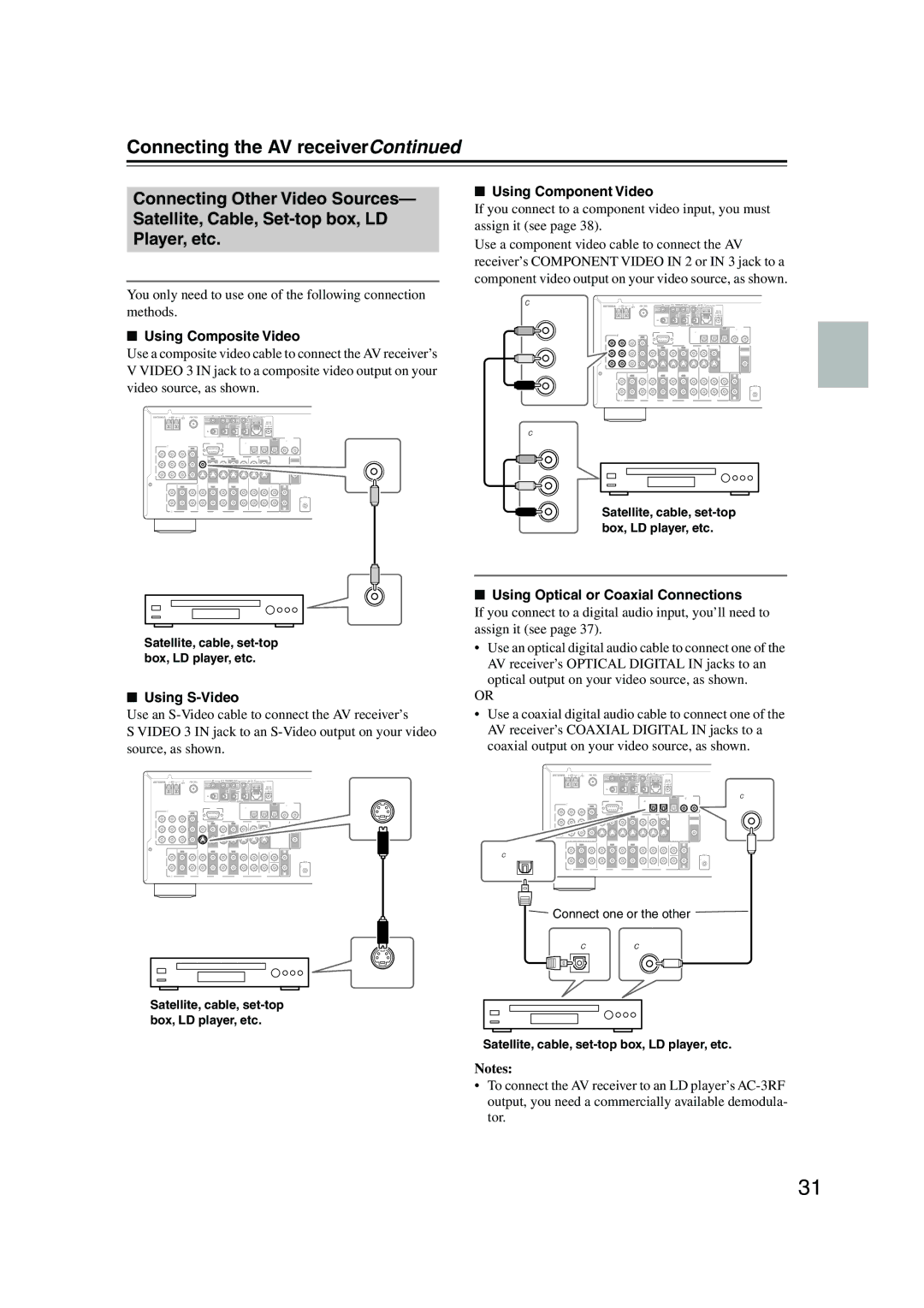 Integra DTR-4.5 instruction manual Using Optical or Coaxial Connections, Satellite, cable, set-top box, LD player, etc 