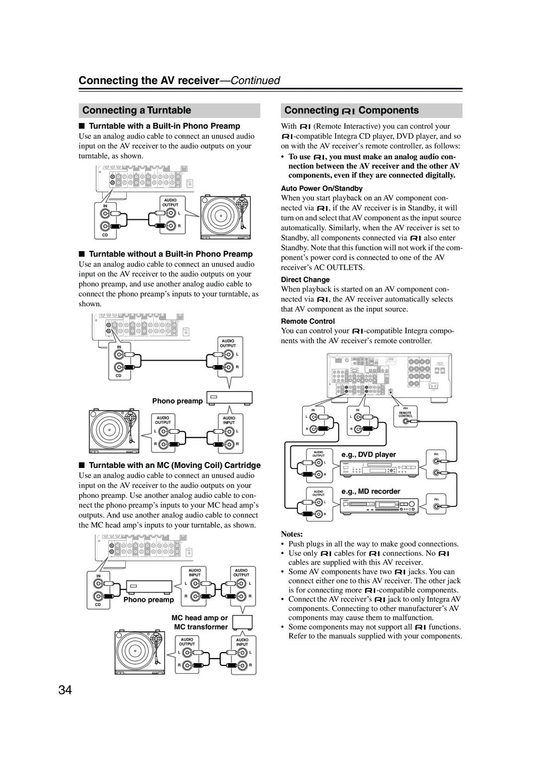 Integra DTR-4.5 instruction manual Connecting a Turntable, Connecting Components, Turntable with a Built-in Phono Preamp 