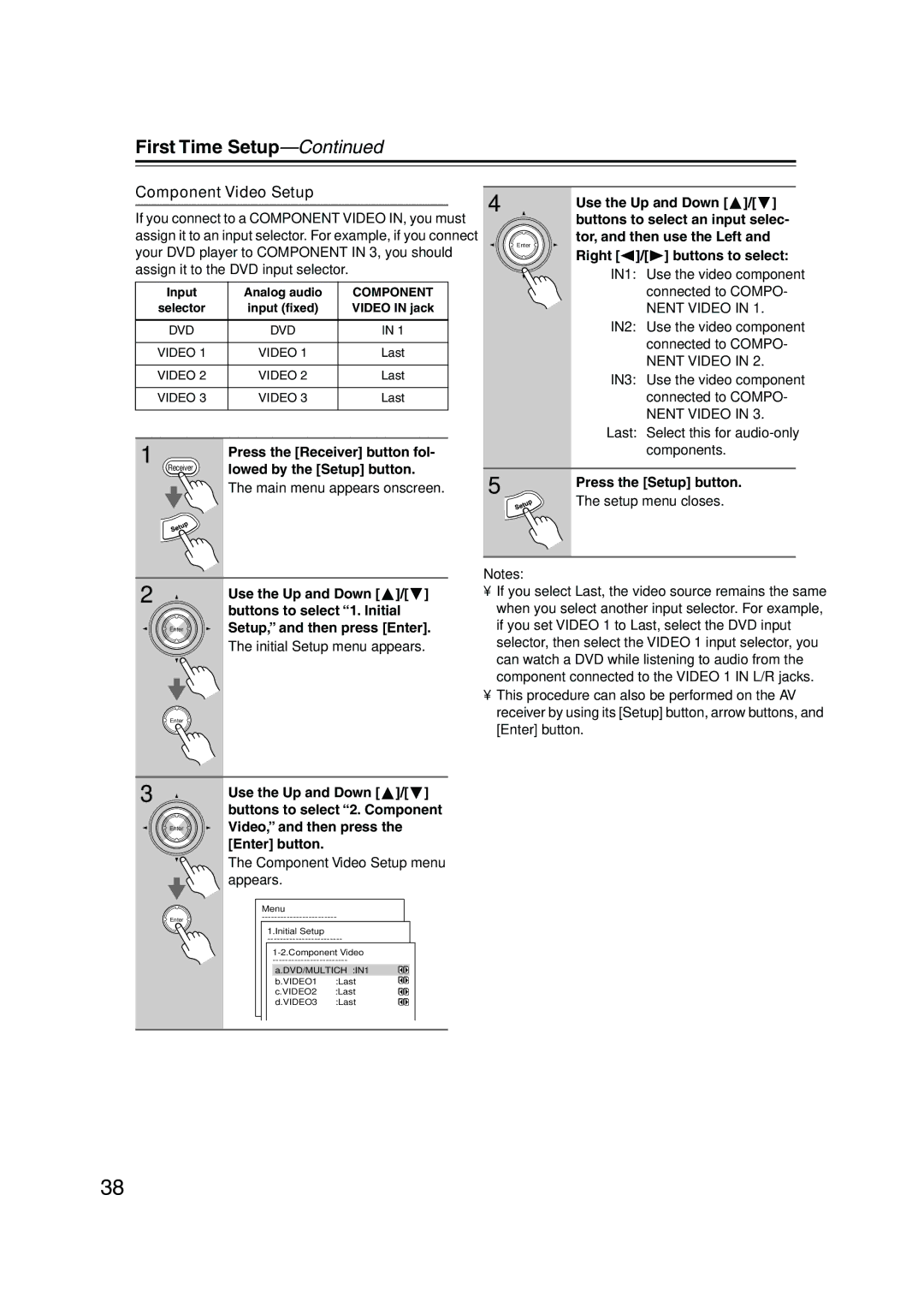 Integra DTR-4.5 instruction manual Component Video Setup, Main menu appears onscreen, Buttons to select an input selec 