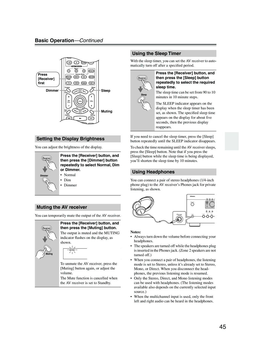 Integra DTR-4.5 Basic Operation, Setting the Display Brightness, Muting the AV receiver, Using the Sleep Timer 