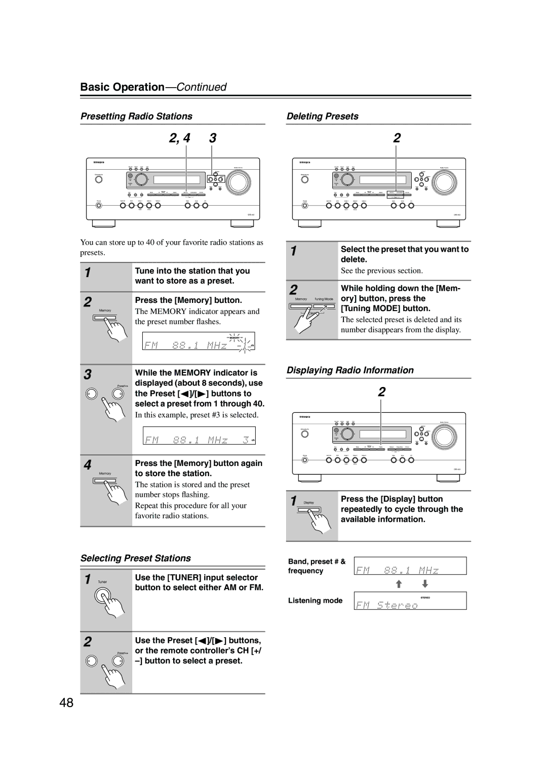 Integra DTR-4.5 Presetting Radio Stations, Selecting Preset Stations, Deleting Presets, Displaying Radio Information 