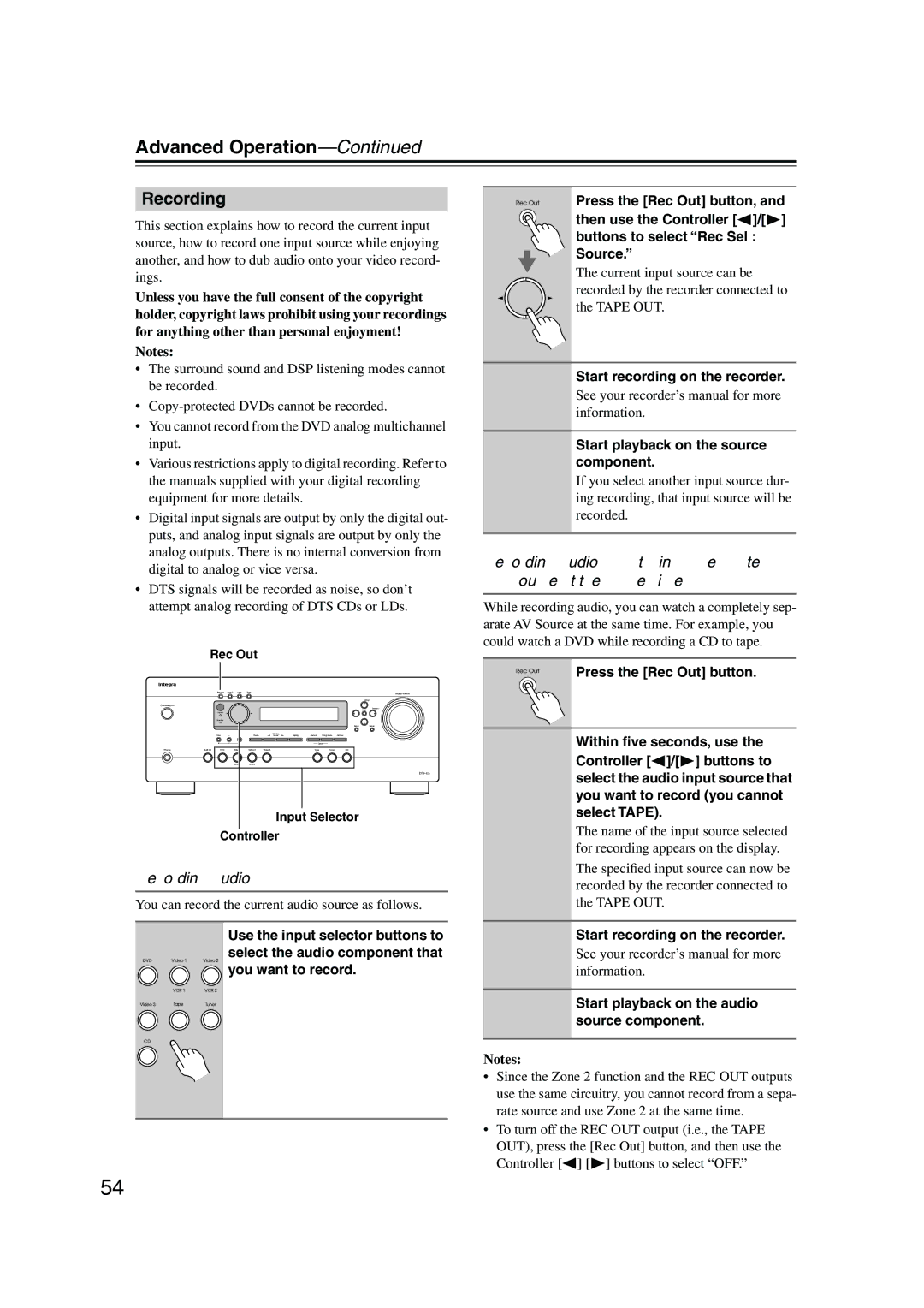 Integra DTR-4.5 instruction manual Recording Audio 