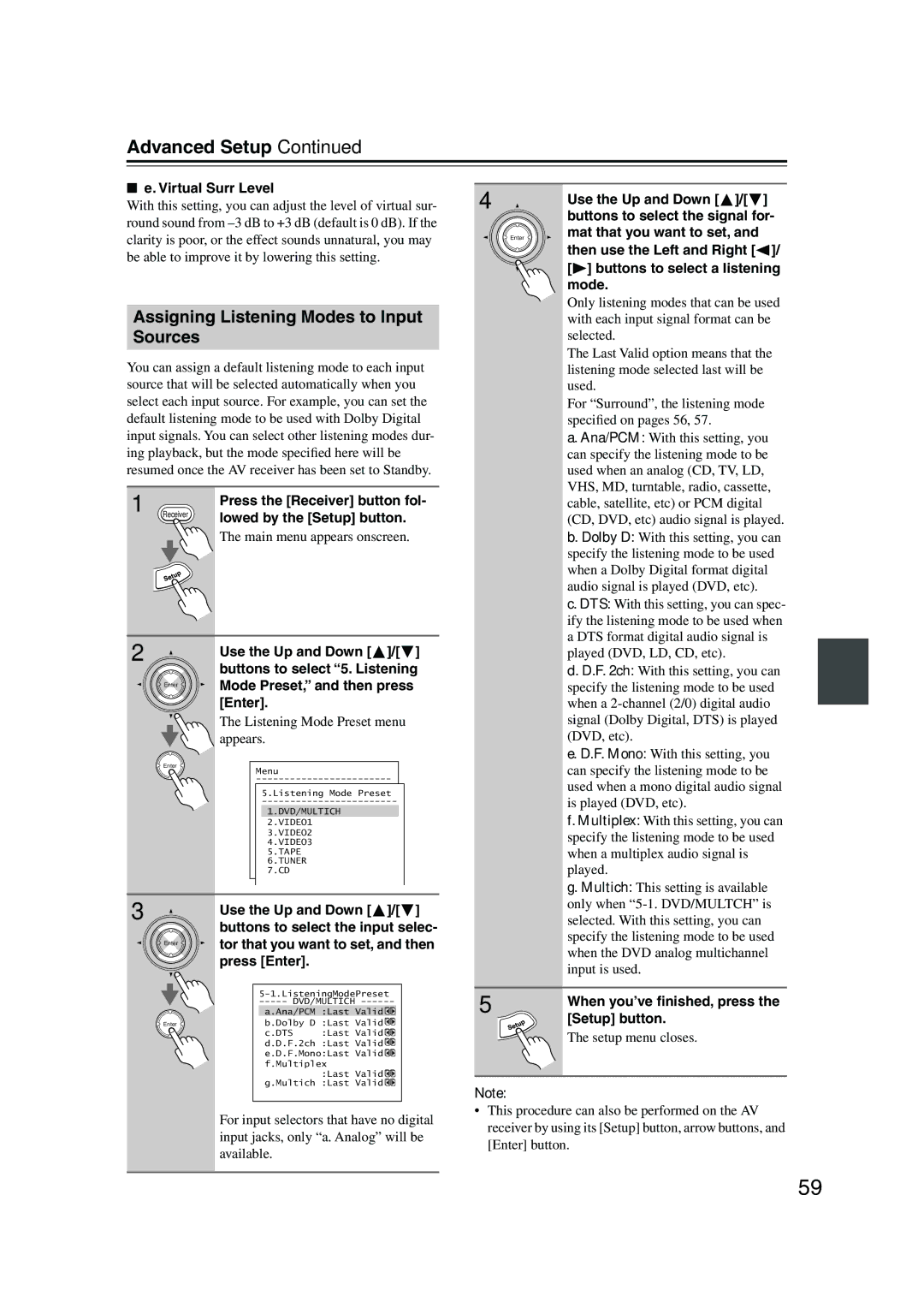 Integra DTR-4.5 Assigning Listening Modes to Input Sources, Virtual Surr Level, Listening Mode Preset menu appears 