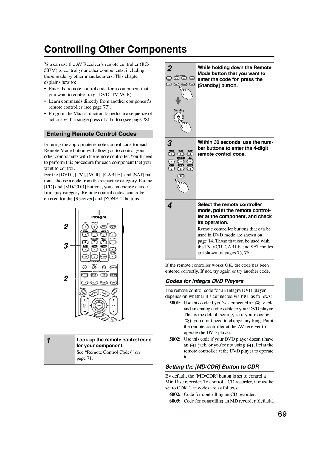 Integra DTR-4.5 Controlling Other Components, Entering Remote Control Codes, Codes for Integra DVD Players 