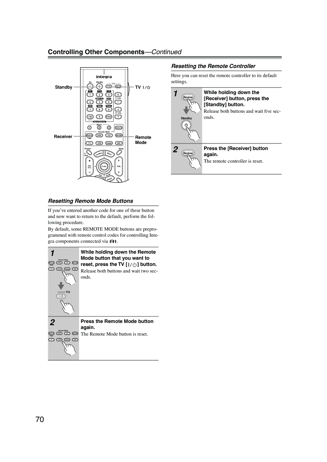 Integra DTR-4.5 Controlling Other Components, Resetting Remote Mode Buttons, Resetting the Remote Controller 