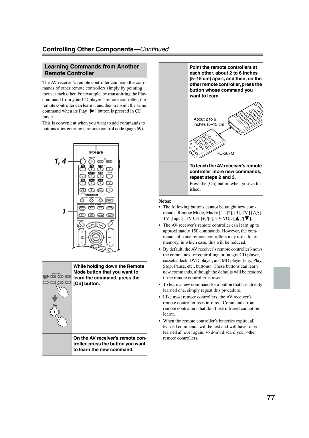 Integra DTR-4.5 instruction manual Learning Commands from Another Remote Controller 