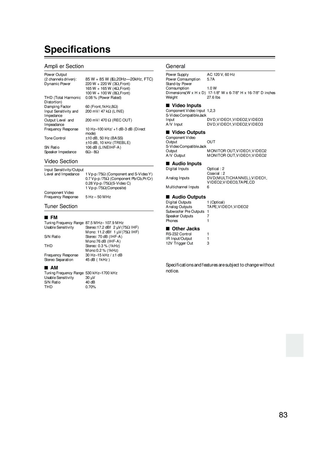 Integra DTR-4.5 instruction manual Speciﬁcations, Ampliﬁer Section, Video Section, Tuner Section, General 