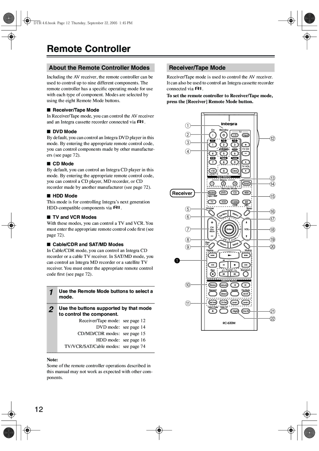 Integra DTR-4.6 instruction manual About the Remote Controller Modes, Receiver/Tape Mode 