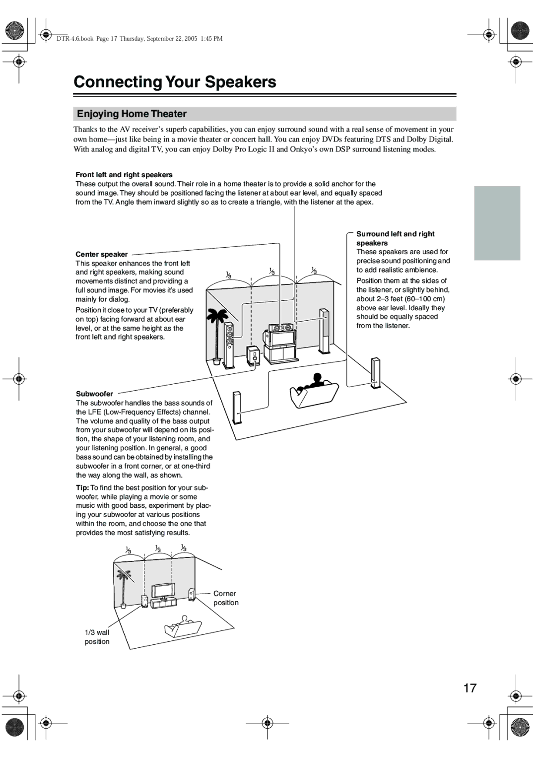 Integra DTR-4.6 instruction manual Connecting Your Speakers, Enjoying Home Theater 