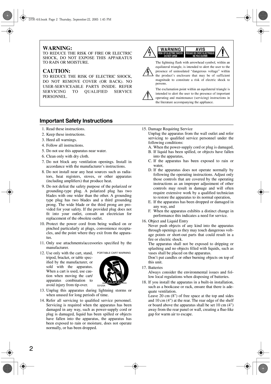 Integra DTR-4.6 instruction manual Important Safety Instructions, Avis 