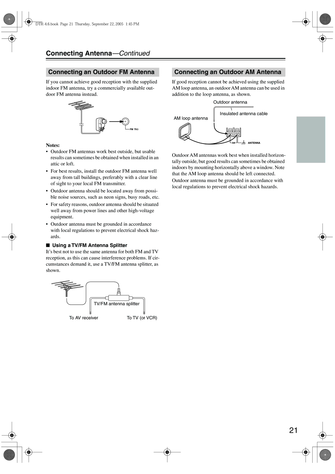 Integra DTR-4.6 instruction manual Connecting Antenna, Connecting an Outdoor FM Antenna, Connecting an Outdoor AM Antenna 