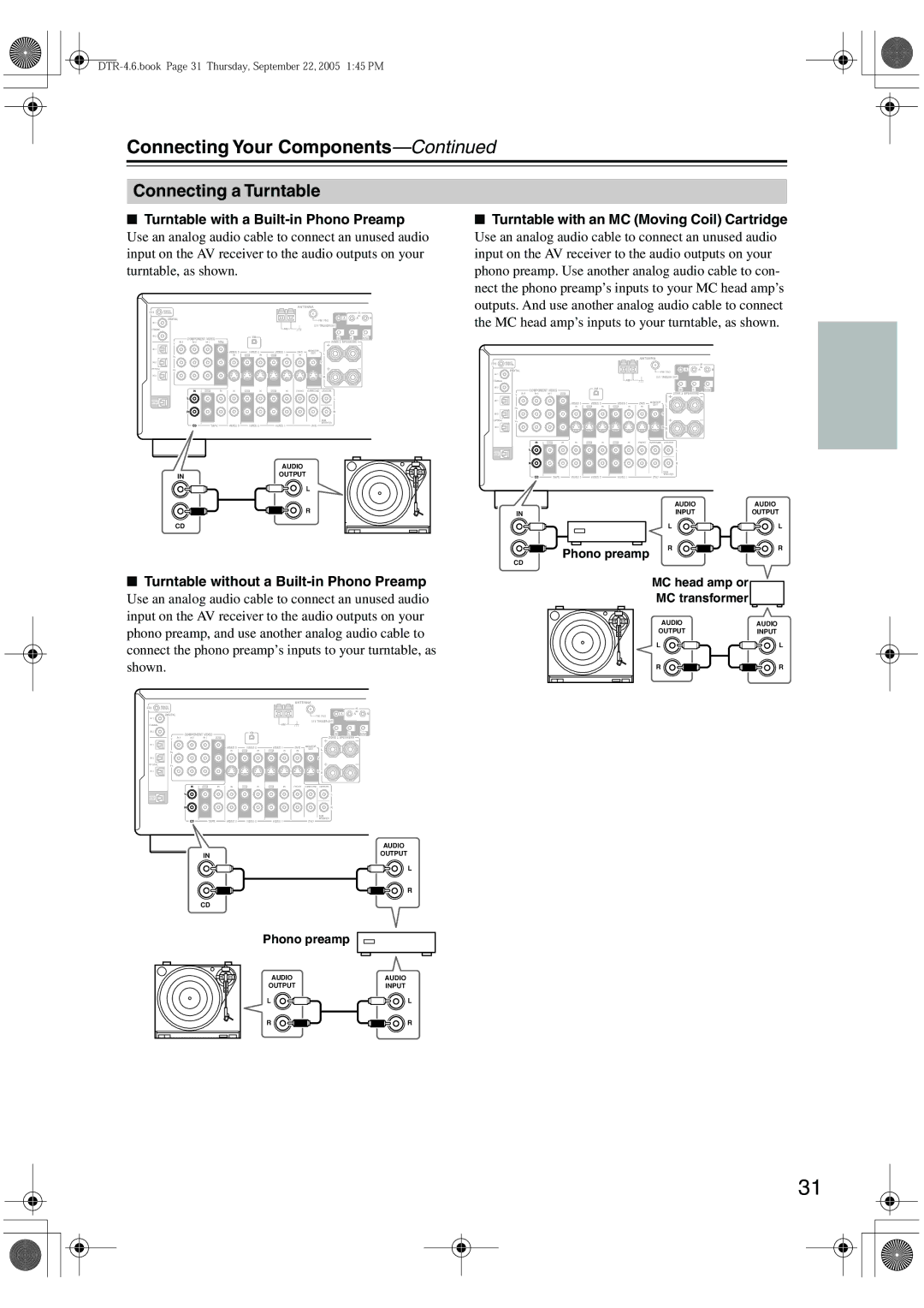 Integra DTR-4.6 instruction manual Connecting a Turntable, Turntable without a Built-in Phono Preamp, Phono preamp 