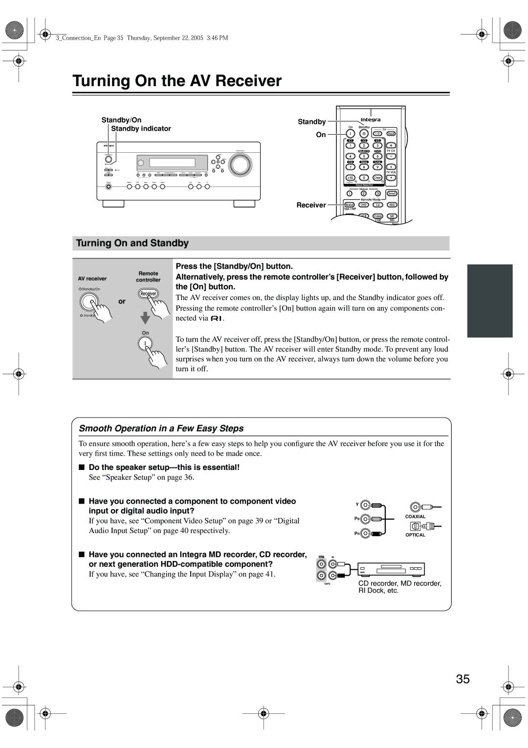 Integra DTR-4.6 instruction manual Turning On the AV Receiver, Turning On and Standby, Smooth Operation in a Few Easy Steps 