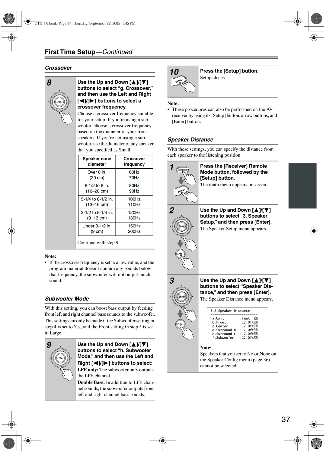 Integra DTR-4.6 instruction manual First Time Setup, Crossover, Subwoofer Mode, Speaker Distance 