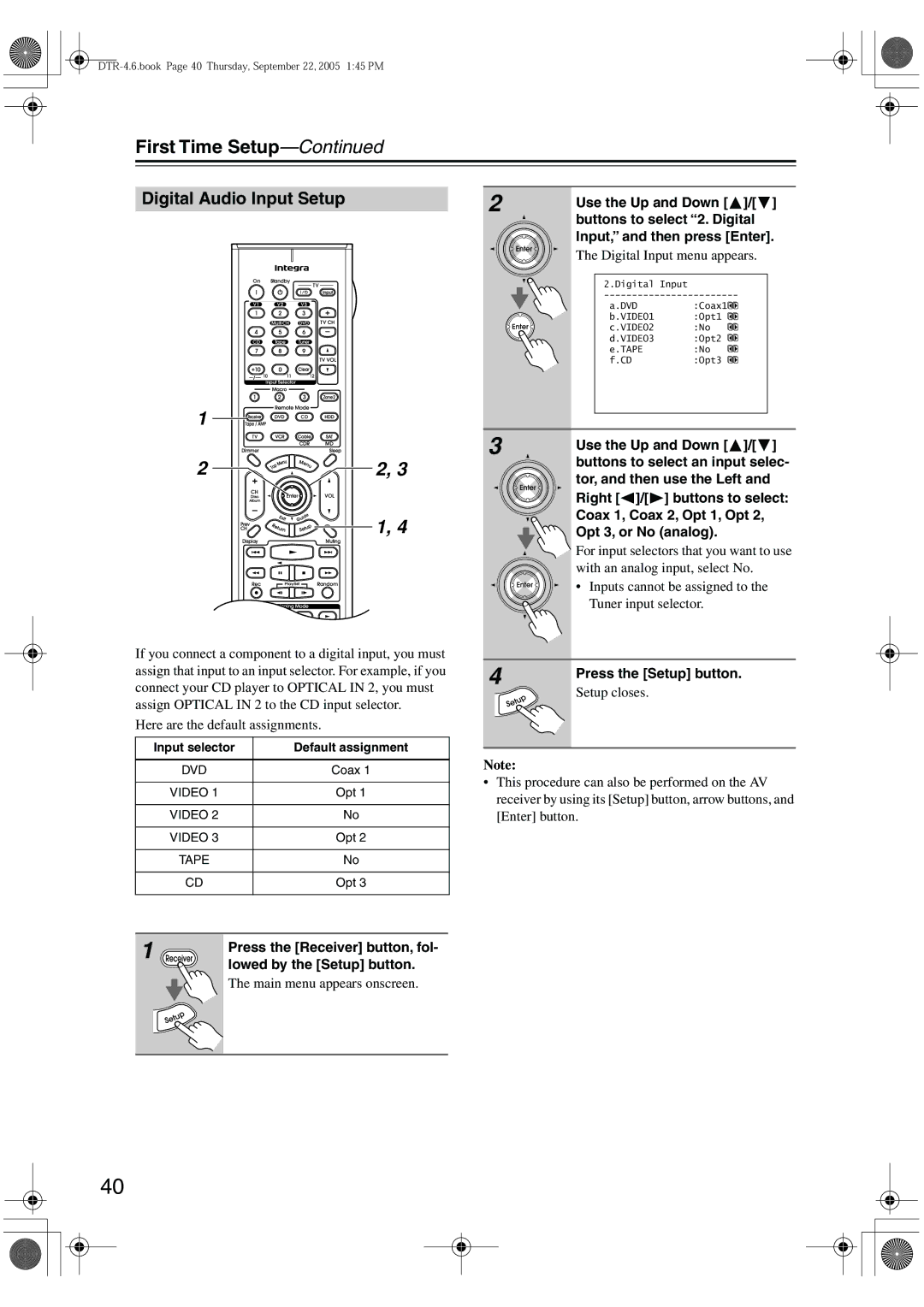 Integra DTR-4.6 instruction manual Digital Audio Input Setup, Buttons to select 2. Digital, Input, and then press Enter 