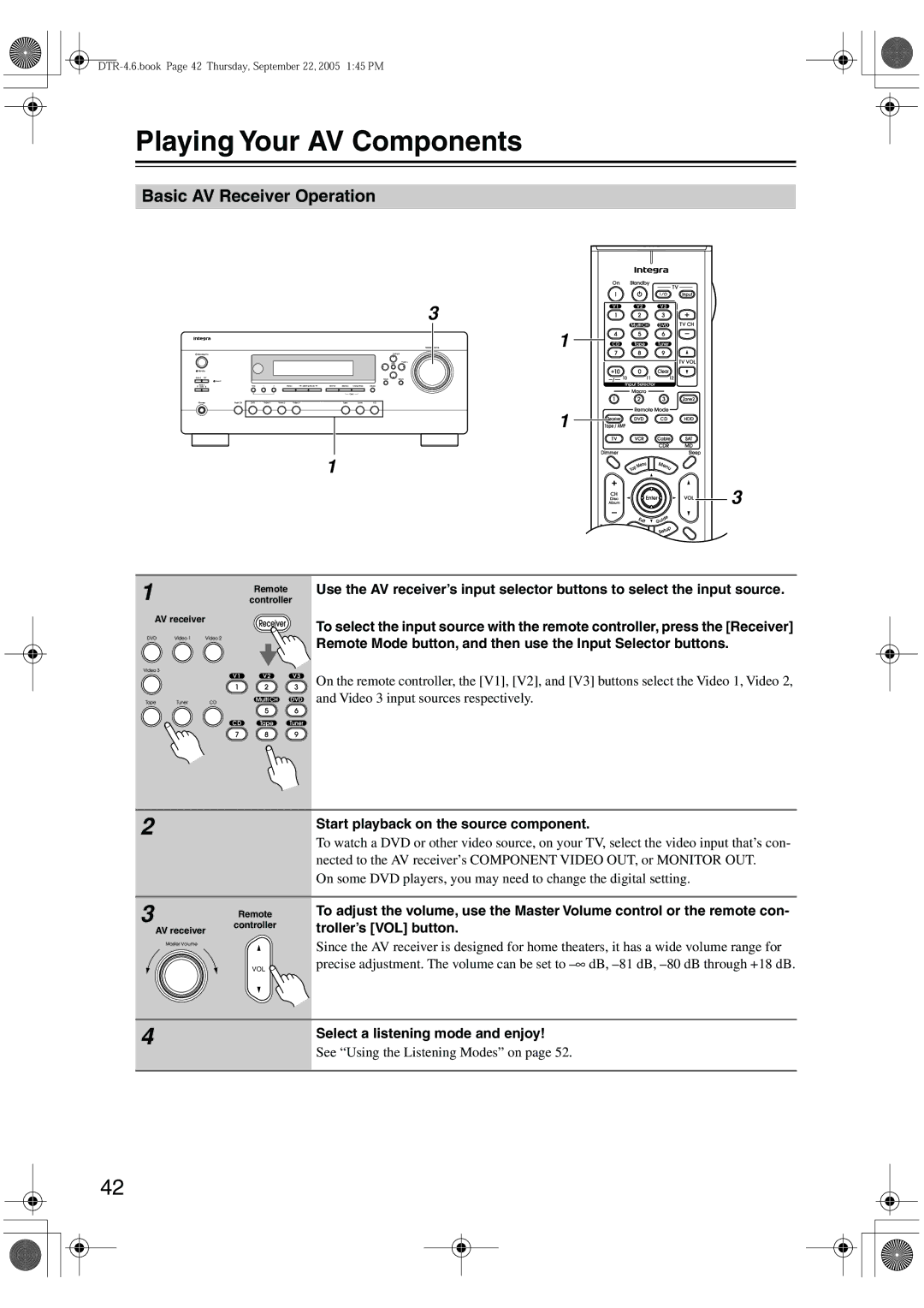 Integra DTR-4.6 Playing Your AV Components, Basic AV Receiver Operation, Start playback on the source component 