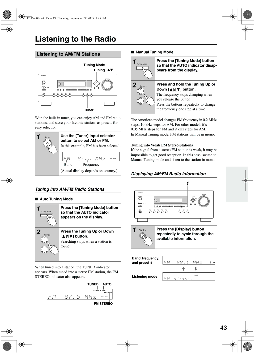 Integra DTR-4.6 instruction manual Listening to the Radio, Listening to AM/FM Stations, Tuning into AM/FM Radio Stations 