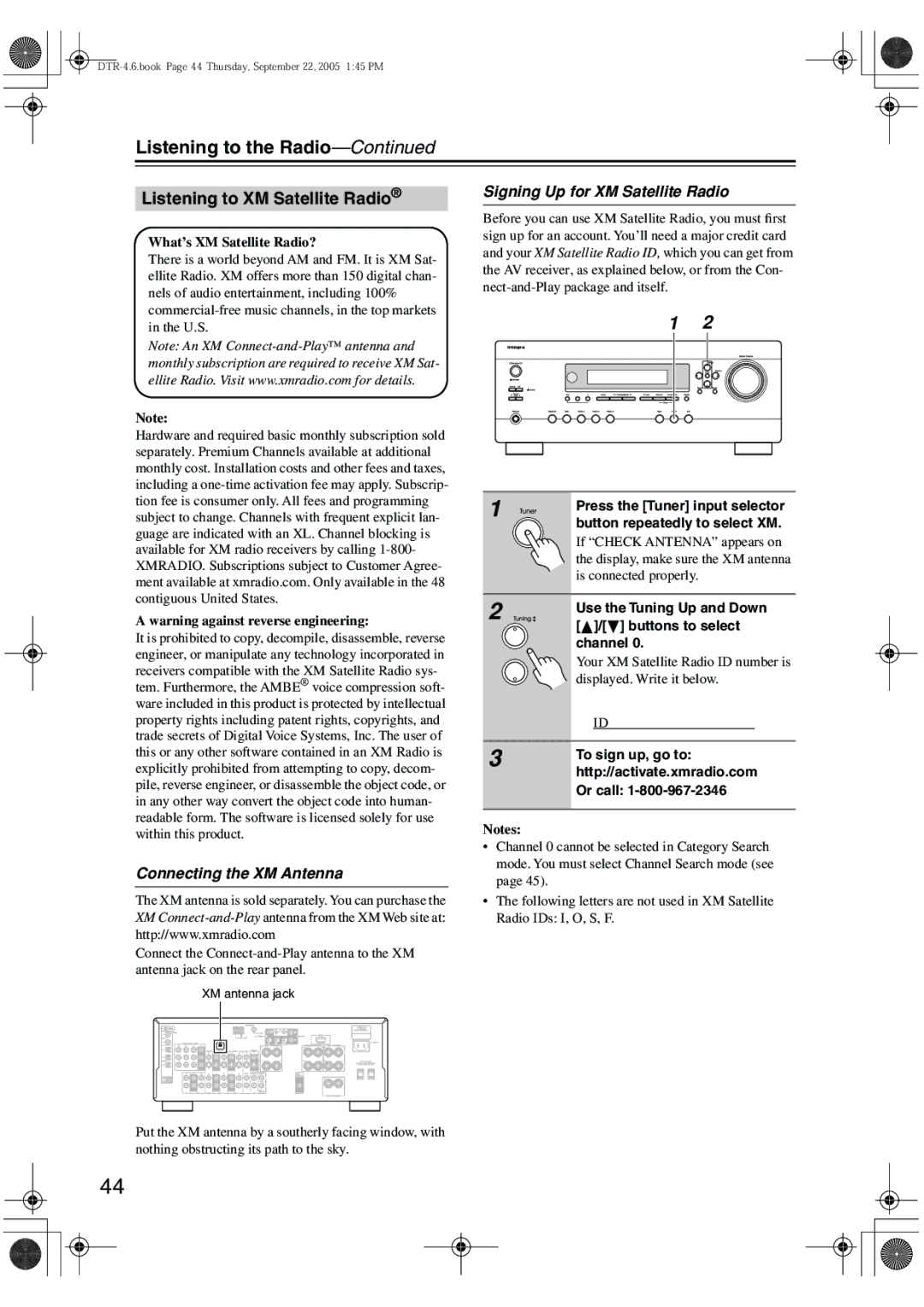 Integra DTR-4.6 instruction manual Listening to the Radio, Listening to XM Satellite Radio, Connecting the XM Antenna 