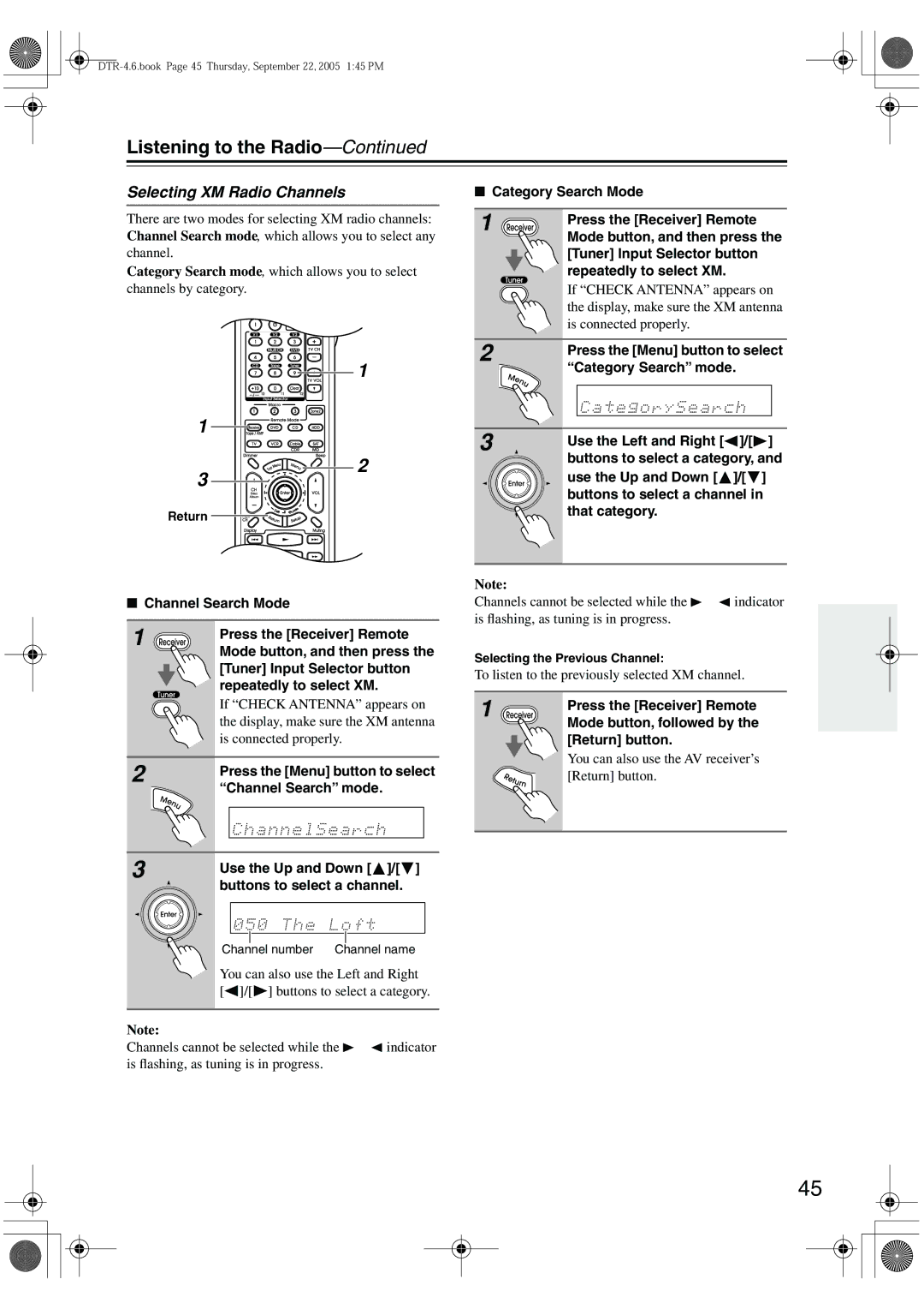 Integra DTR-4.6 Selecting XM Radio Channels, Channel Search mode, Use the Up and Down Buttons to select a channel 