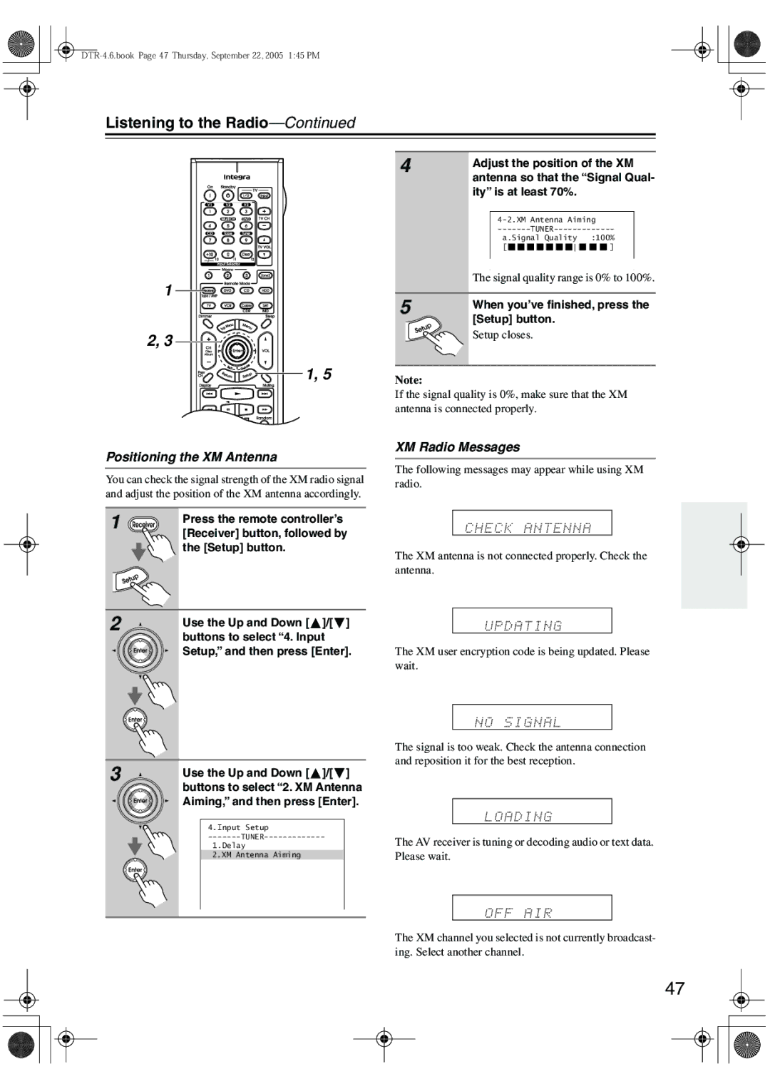 Integra DTR-4.6 instruction manual Positioning the XM Antenna, XM Radio Messages 