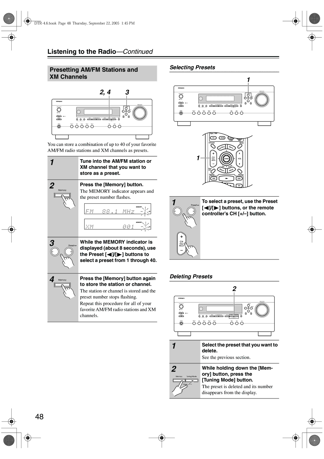 Integra DTR-4.6 instruction manual Presetting AM/FM Stations, XM Channels, Selecting Presets, Deleting Presets 