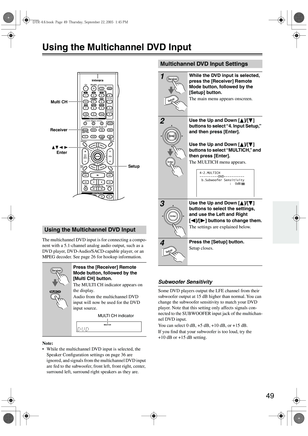 Integra DTR-4.6 instruction manual Using the Multichannel DVD Input, Multichannel DVD Input Settings, Subwoofer Sensitivity 